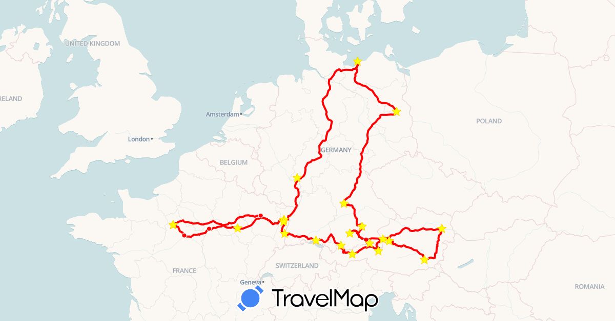 TravelMap itinerary: driving, camping car in Austria, Germany, France (Europe)